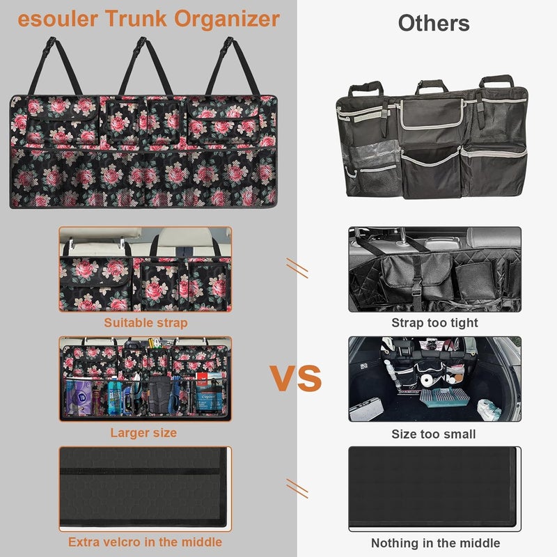 esouler Car Trunk Organizer, Super Capacity Backseat Car Organizer for SUV/Truck/MPV(42"*18"), Hanging Car Storage Organizer with 8 Pocekts, Car Accessories for Women and Men- Floral - Image 2